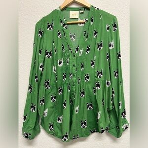 Anthropologie Maeve Green French Bulldog Print Button Up Blouse Size 10